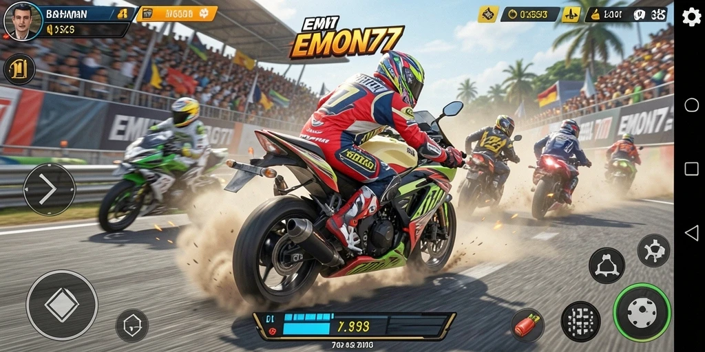 Tampilan seru gameplay balapan motor di EMON77.