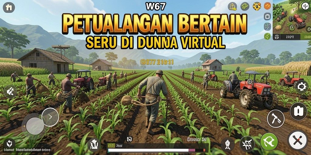 Screenshot gameplay W67 menunjukkan petualangan bertani yang seru dan interaktif.