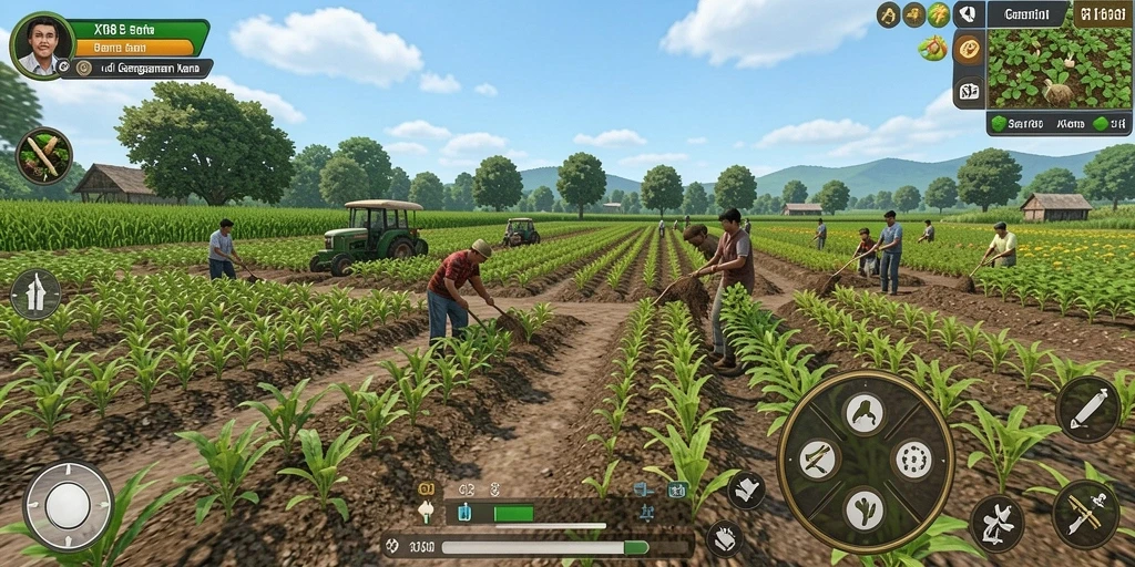Tampilan gameplay X168 dengan aktivitas bertani yang seru.
